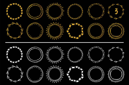 收集金色和白色的手绘制的圆形框架。矢量集3