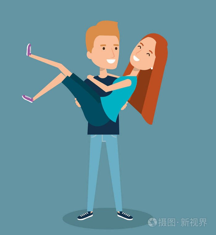 快乐的情侣手持他的女朋友在武器卡通