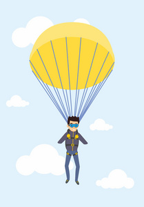 男子跳伞运动员和 paratruper 在蓝色的天空中飞翔