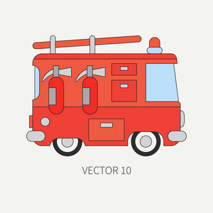线平面向量颜色图标消防车。紧急援助车辆。卡通风格。消防员。维护。救援。消防部门。灭火器。警报器。路。插图和为您的设计元素