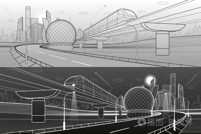 插画 单轨铁路和照明公路.交通城市插图集.地平线上的现代城市背景.