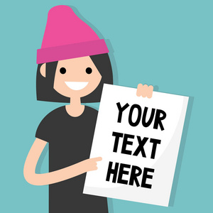 你的文字在这里.年轻的黑发女孩拿着一张纸/e照片