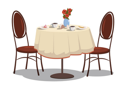 现代餐厅桌上有桌布咖啡杯鲜花和两把椅子。鲜艳彩色卡通矢量插画