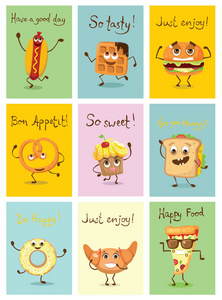 卡通卡片与滑稽的食物字符矢量插图热狗, 土司与奶酪, 华夫饼, 甜甜圈, 汉堡包和比萨饼, 与情感的蛋糕