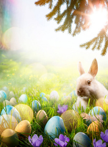艺术复活节背景春天的花朵复活节兔子和复活节 e