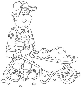 劳动人民卡通带沙子的微笑的工作者在一辆手推车, 黑白媒介例证在卡通