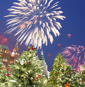 烟花在圣诞节和新年假日照明在晚上, 克里姆林宫在莫斯科, 俄国