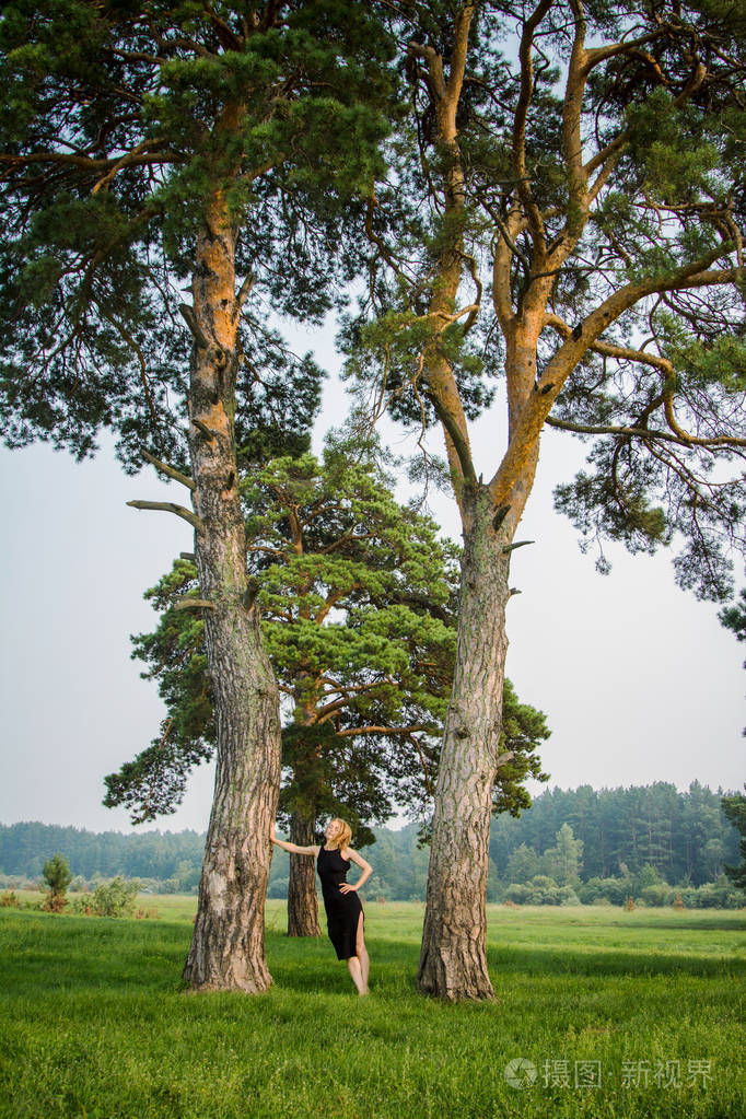 一个穿着黑色连衣裙的女孩正沿着绿树成荫的田野散步.
