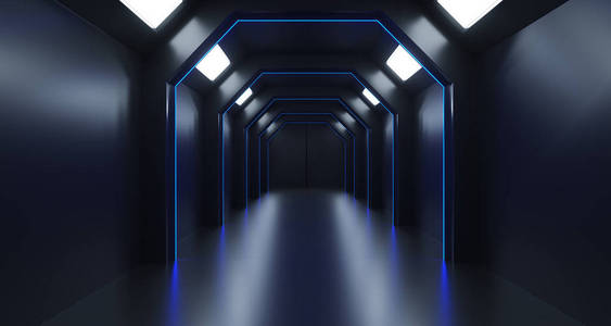 3d. 用淡蓝色灯绘制长科幻暗走廊