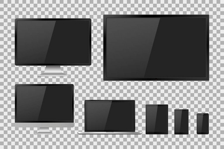 现实电视，液晶显示器，一整套带领，电脑显示器 笔记本电脑 平板电脑和手机空白色的屏幕。各种现代的电子小玩意上分离的背景。矢量