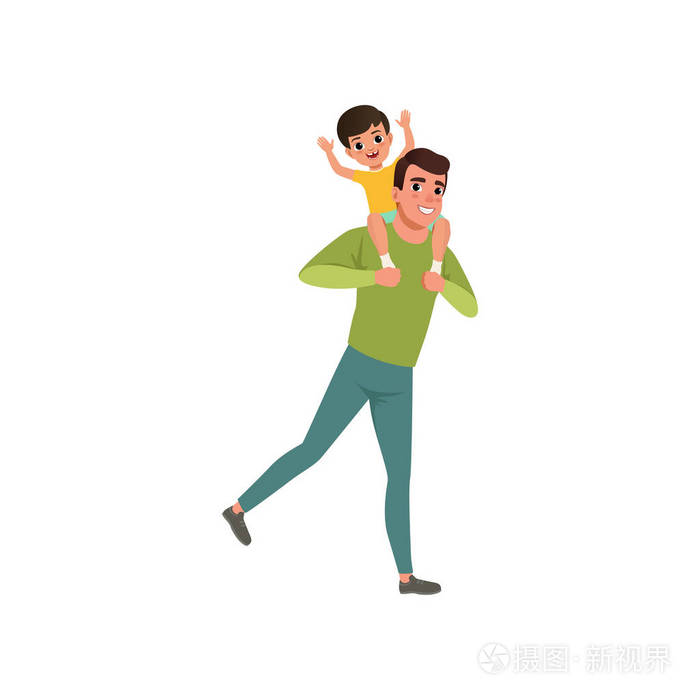 插画 爸爸背着儿子在他的肩膀上, 慈爱的父亲和孩子花时间在一起在