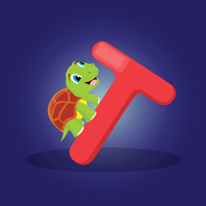 为龟卡通动物的红色字母 T 的矢量儿童字母表。可爱的儿童游戏插图字符