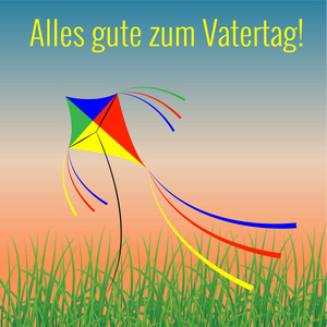 父亲日在德国。黄昏的天空, 小草, 风筝飞翔