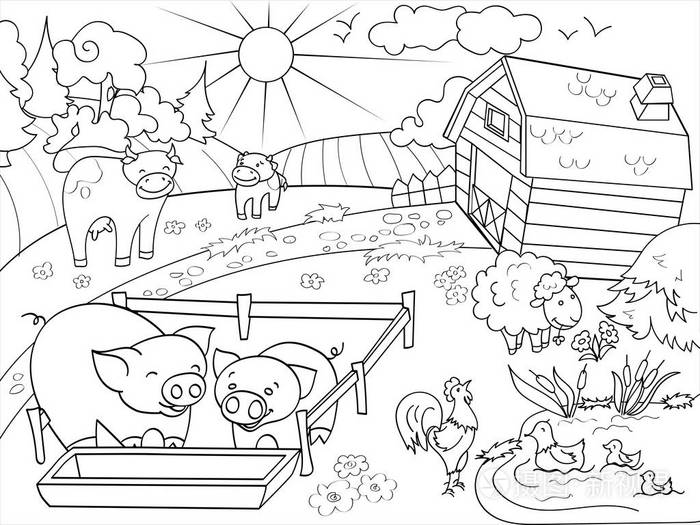 农场动物和乡村景观为成人着色矢量插画-正版商用图片0g7ztj-摄图新