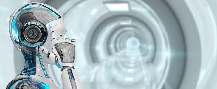 白人妇女的机器人思维和触摸她的头3d 渲染照片