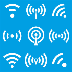 组的 WiFi 图标和无线连接电波孤立在蓝色的背景，为 web 设计 Eps10 矢量图