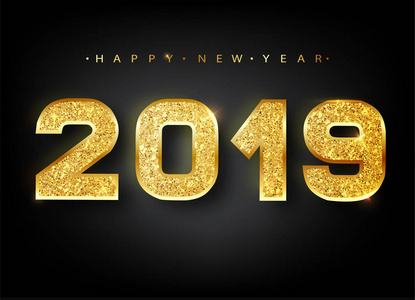 贺卡的金数设计.金色闪光图案.新年快乐横幅与2019数字在明亮的背景.