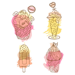 矢量冰淇淋涂鸦插画。4 手绘冰淇淋与多彩溅起一套