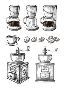 咖啡手画收集矢量草图集与杯子豆制造商拿铁磨床机