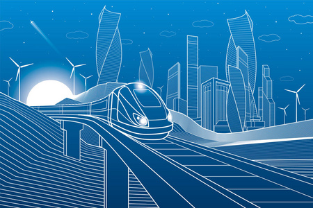火车在山上的铁路桥上行驶。塔和摩天大楼, 现代城市, 商业建筑。晚上的场景。蓝色背景上的白色线条。风车力量。矢量设计艺术