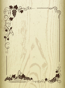 由形成的装饰框架串的葡萄，葡萄藤 树叶 小插曲和篮子与葡萄。木制矢量纹理背景