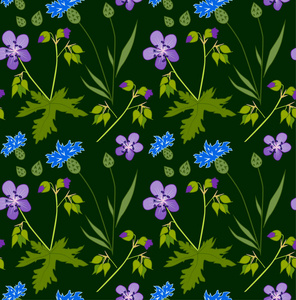 带蓝色和紫色花朵的矢量无缝图案