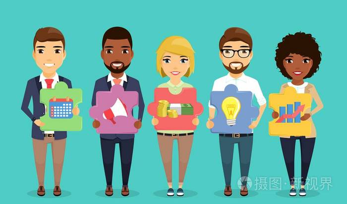 一组专业人士, 他们手里的拼图描绘了商业偶像.不同的种族群体.