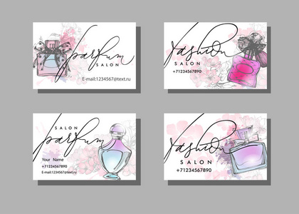 化妆艺术家名片.矢量模板与美丽香水瓶.时尚和美容背景照片