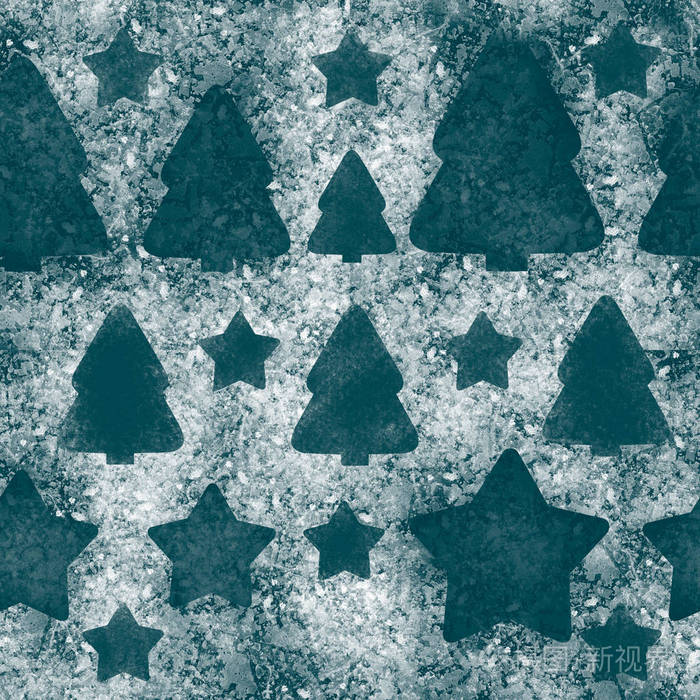 圣诞节和新年的冷冻无缝模式和背景.星星和树木在雪地上打印