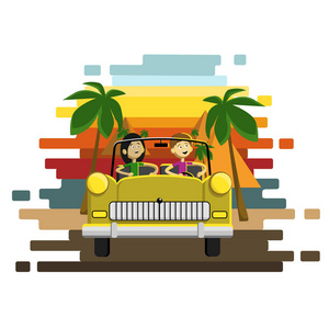一对夫妇驾驶一辆金色复古汽车在金字塔和棕榈树背景。粗心的司机性格。矢量平面卡通插画