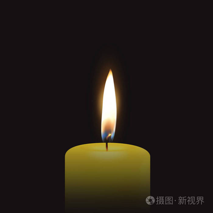 矢量丧葬卡与单3d 逼真的黄色橙色石蜡燃烧蜡烛特写黑色背景.
