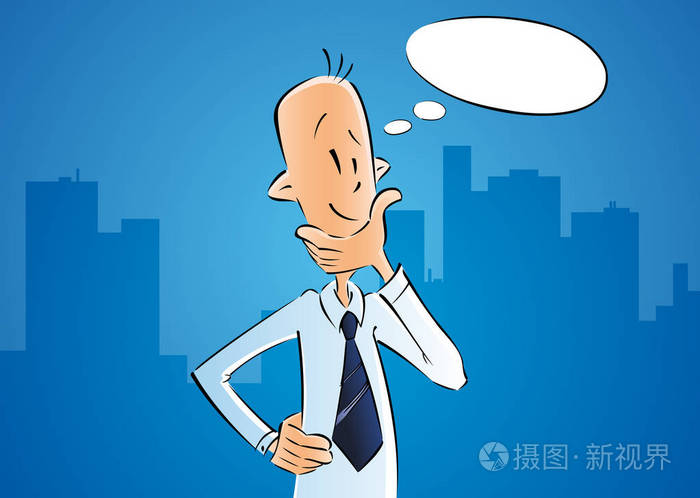 商业人思考与想法在泡沫.商人卡通人物的蓝色城市背景.矢量设计