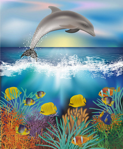 水下壁纸与海豚和热带鱼, 向量例证