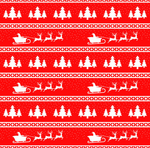 矢量图的圣诞无缝模式与圣诞老人 驯鹿 云杉 雪花。红色背景。它可用于一件毛衣，包装纸 包装等的设计