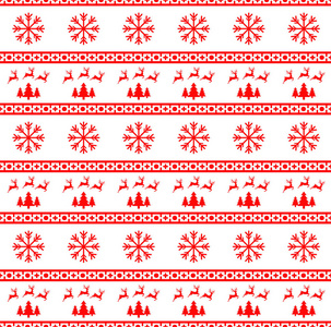 矢量图的圣诞雪花与驯鹿 云杉无缝模式。白色背景。它可用于一件毛衣，包装纸 包装等的设计