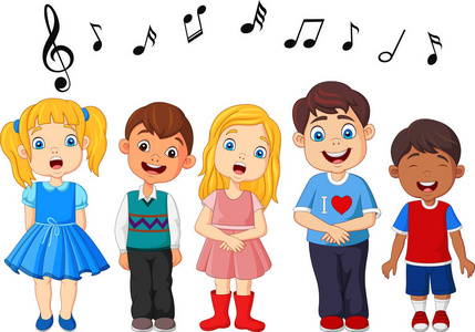 卡通小组孩子唱歌在学校唱诗班