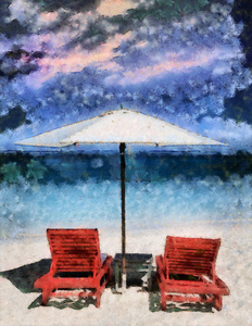 在海滩上的伞和贵妃休息室