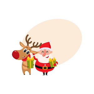 有趣的圣诞老人和驯鹿举行圣诞礼物，礼物