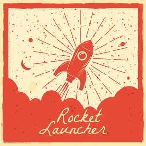 火箭发射器启动火箭复古海报与老式的颜色和垃圾效果。矢量, 插图, 隔离