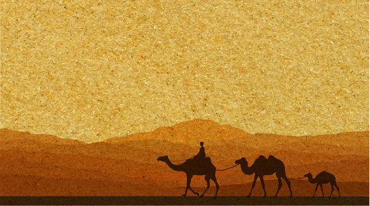 牵着骆驼在沙漠中与山背景上的商队.矢量图照片