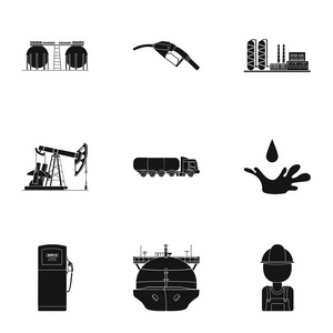 石油工业中的黑色风格设置图标。石油行业矢量符号股票插画的大集合
