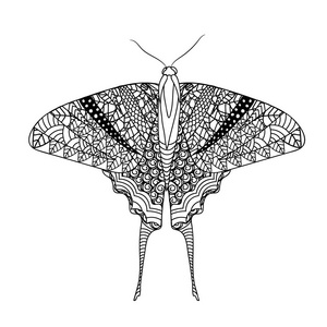 蝴蝶与民族涂鸦图案。Zentangle 启发的模式动物抗应激着色书页的成人和孩子