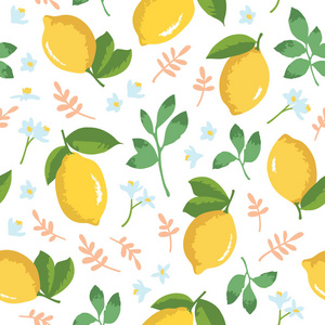 用柠檬 花和树叶矢量夏天模式。无缝纹理设计