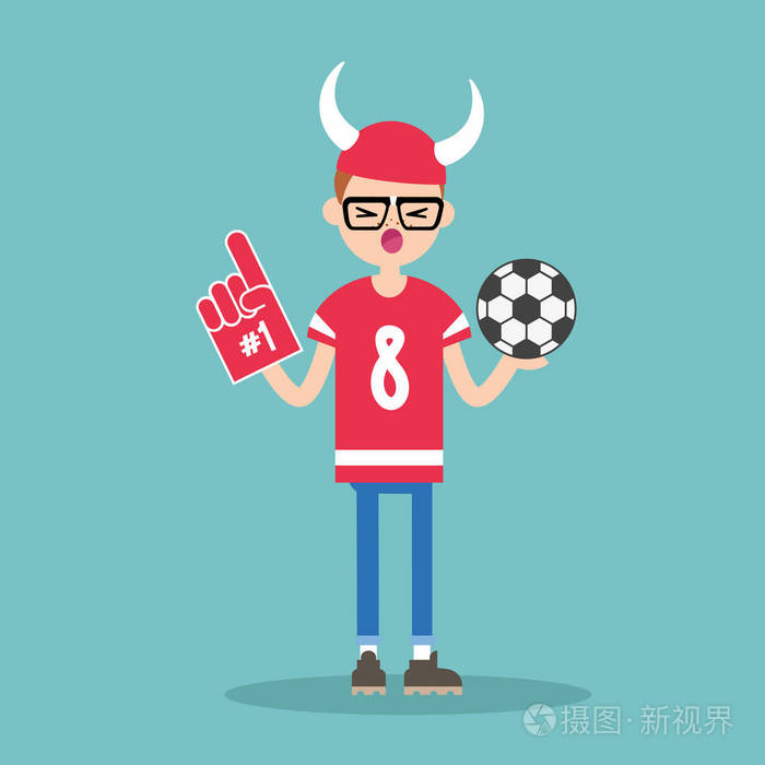 年轻的足球迷戴着角帽和泡沫手指/扁平 edi