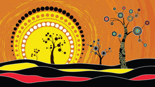 树在山上, 原住民树, 原住民艺术矢量画与树和太阳。基于点背景的原住民风格插图