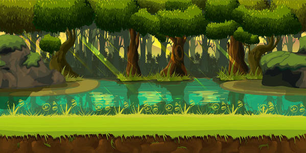 无缝春天森林景观，永远不会结束与分离层为游戏设计的自然背景