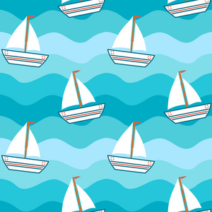 卡通可爱可爱小船在海上无缝矢量模式背景图
