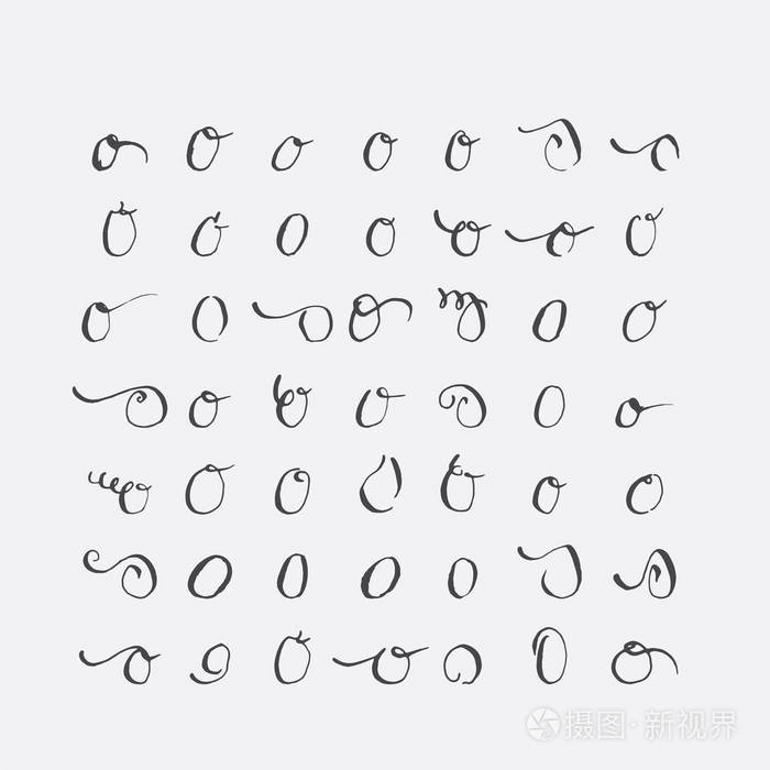 插画 向量集的书法字母 o,手写与针对性的笔尖,装饰着华丽和装饰元素.