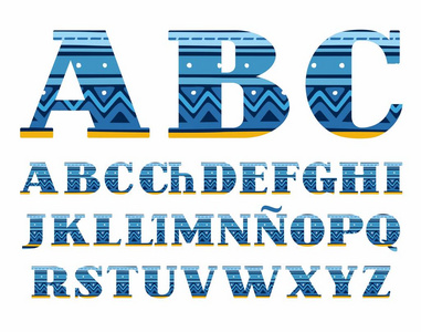 西班牙字母表,民间图案,蓝色,矢量字体大写字母插画