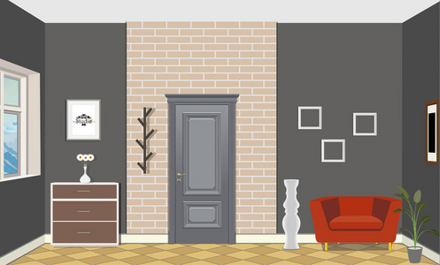 一个房间的插图, 有门, 红色的椅子, 花瓶, 图片和马桶。室内家具